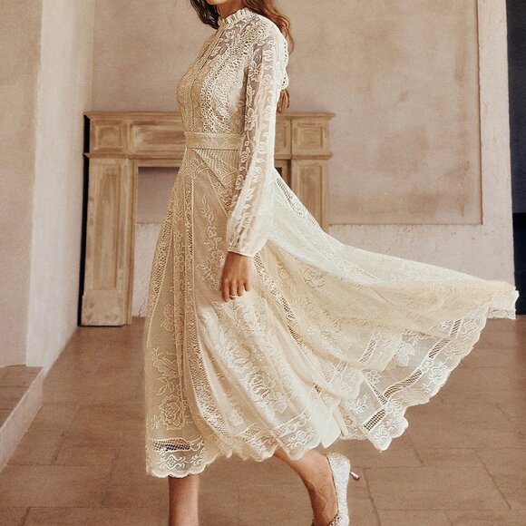 Apricot Elegant Women's Lace Flared Hem Long Sleeve Party Dress - Picture 4 of 7